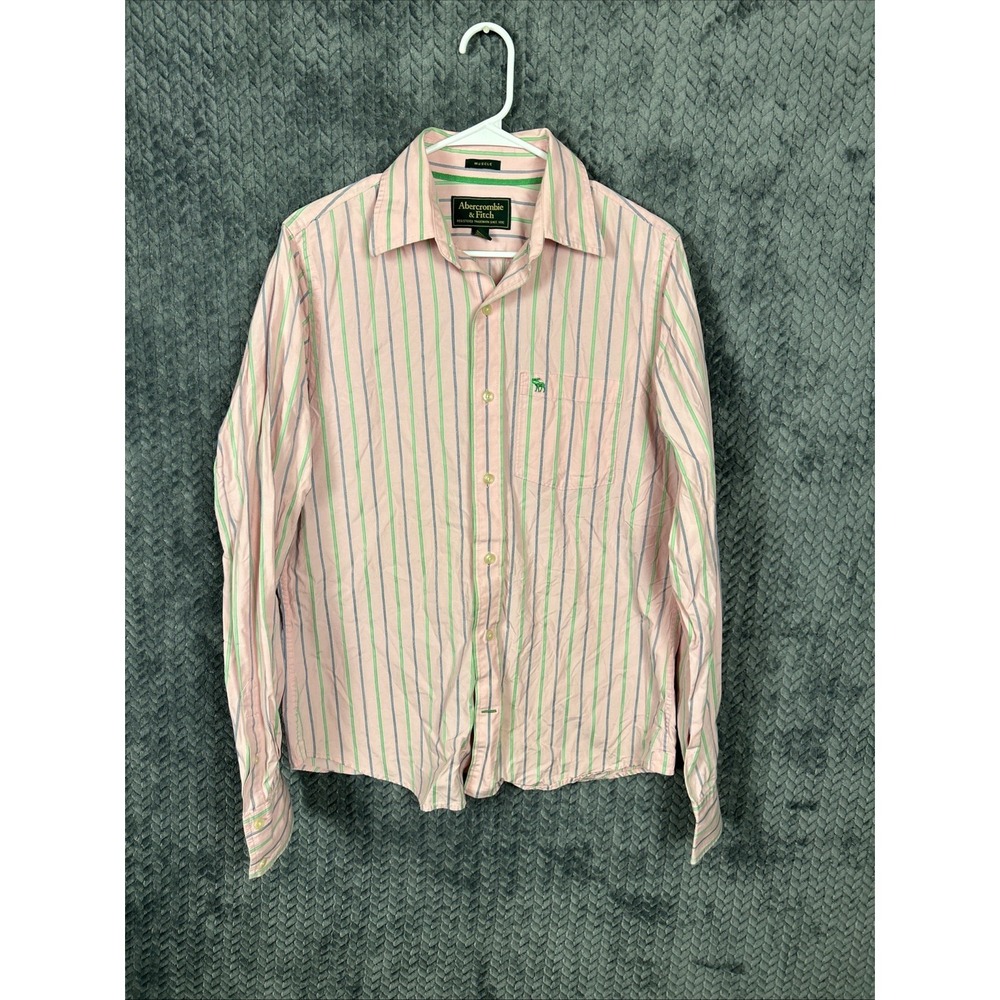 Abercrombie & Fitch Button Down Shirt Mens Large Pink Striped Muscle Fit Casual